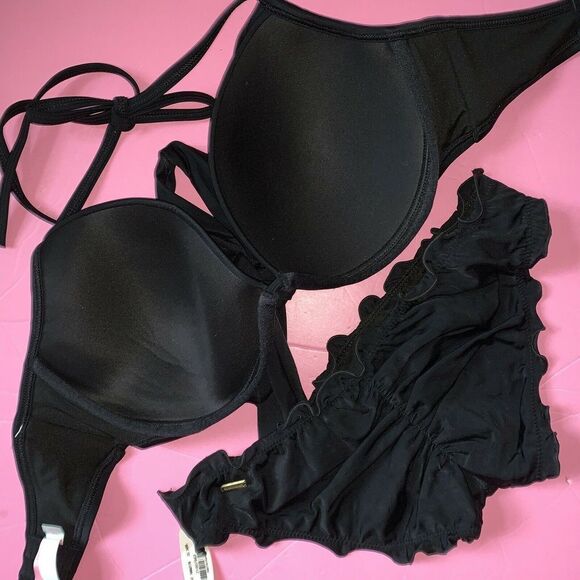NWT Victoria's Secret WRAP TIE 32DDD BIKINI XS,S ruffled Cheeky bottom BLACK - Picture 2 of 2